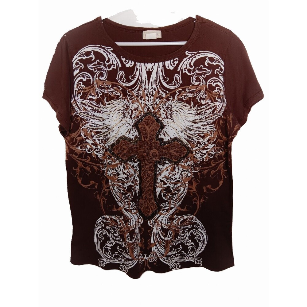 California Girlz Y2K Womens Brown White Celestial Cross Graphic Tee, 1X
